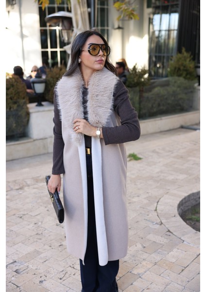 Yakası Kürk Detaylı Uzun Triko Yelek indirimleri