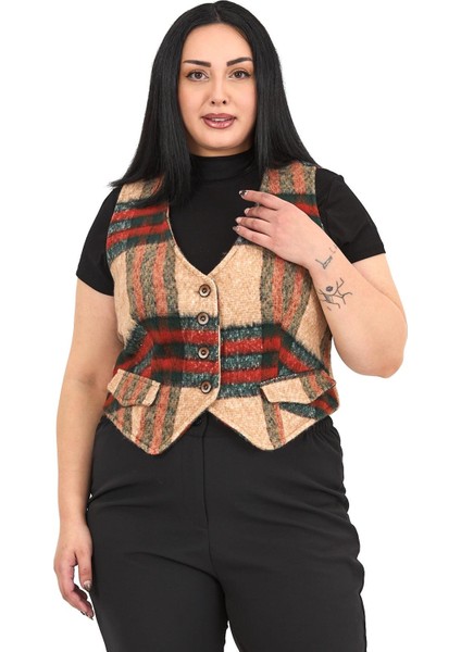 Büyük Beden Düğme Kapamalı Cep Kapaklı Astarlı Kısa Çizgili Kaşe Vizon Yelek fiyatları