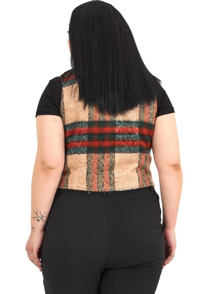 Büyük Beden Düğme Kapamalı Cep Kapaklı Astarlı Kısa Çizgili Kaşe Vizon Yelek modelleri