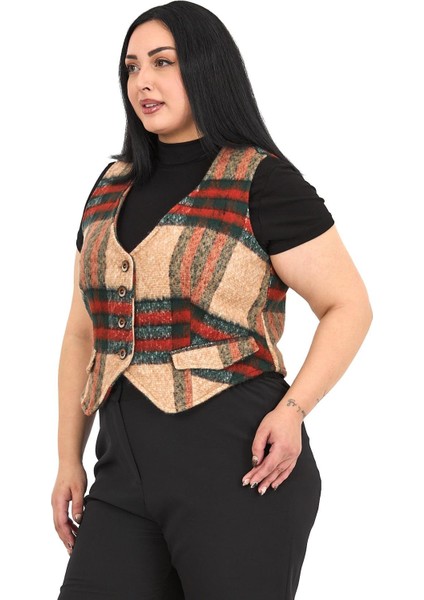 Büyük Beden Düğme Kapamalı Cep Kapaklı Astarlı Kısa Çizgili Kaşe Vizon Yelek fırsatları