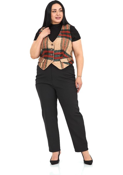 Büyük Beden Düğme Kapamalı Cep Kapaklı Astarlı Kısa Çizgili Kaşe Vizon Yelek indirimleri