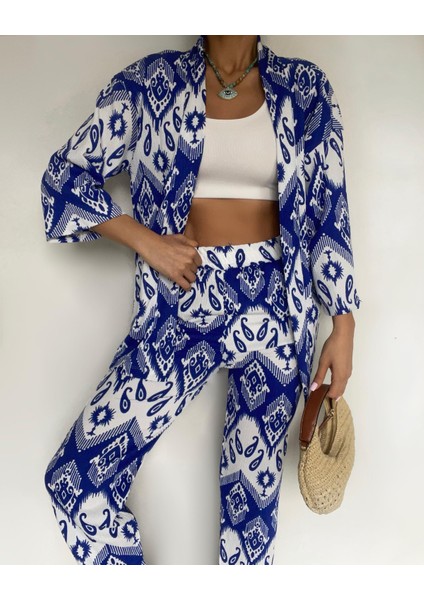 Desenli Saks Rengi Ikili Kimono fiyatları