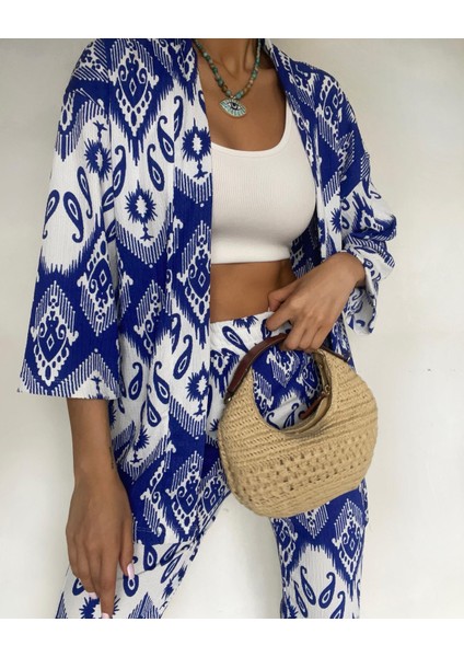 Desenli Saks Rengi Ikili Kimono modelleri