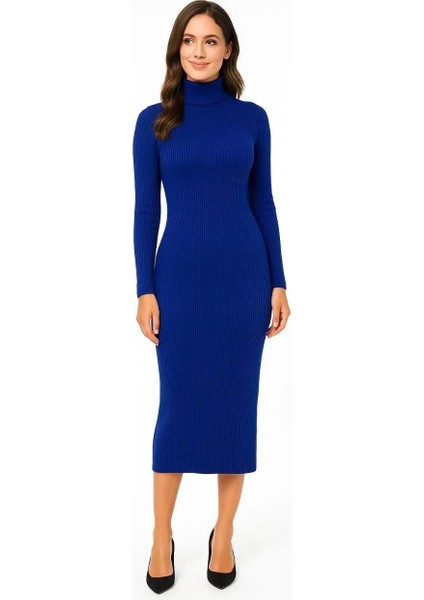 Kadın Boğazlı Triko Elbise – Uzun Fitilli Esnek Dokuma, Tam Kalıp, Kışlık & Baharlık Şık Rahat Stil, 130 cm Midi Boy Elbise - Saks Mavisi fiyatları