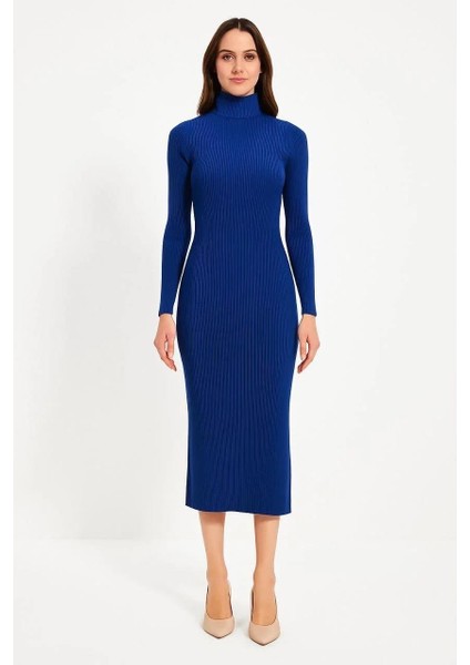 Kadın Boğazlı Triko Elbise – Uzun Fitilli Esnek Dokuma, Tam Kalıp, Kışlık & Baharlık Şık Rahat Stil, 130 cm Midi Boy Elbise - Saks Mavisi modelleri