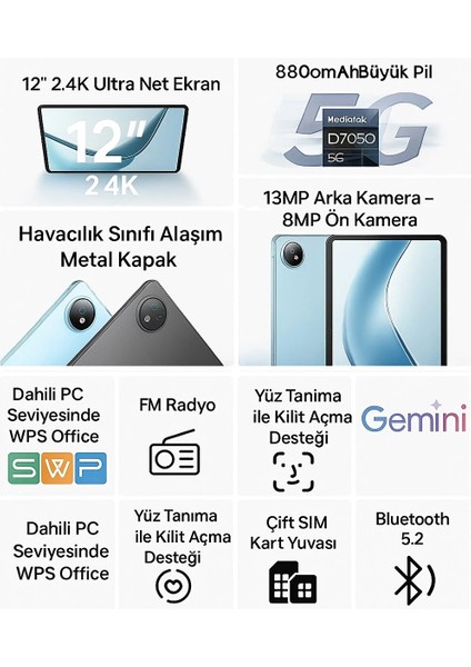 V Pad 5g 12" 8 GB Ram 256 GB 2.4k IPS Android 15 Tablet Siyah fiyatları