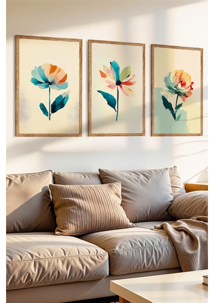 3 Parça Şeffaf Fırçalar ve Hafif Çiçekler Temalı Ahşap Çerçeve Görünümlü Mdf Tablo Seti