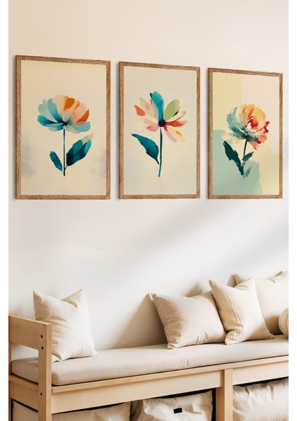 3 Parça Şeffaf Fırçalar ve Hafif Çiçekler Temalı Ahşap Çerçeve Görünümlü Mdf Tablo Seti fiyatları