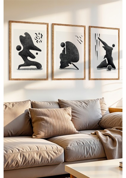 3 Parça Soyut Hareketler Temalı Ahşap Çerçeve Görünümlü Mdf Tablo Seti