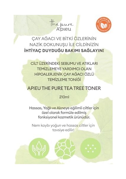 A&apos;pıeu Yağlanma Eğilimli Ciltler Için Çay Ağacı Özü Içeren Arındırıcı Tonik A&apos;pıeu The Pure Tea Tree Toner