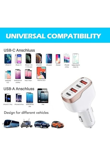 MT36 4 Portlu Type-C USB Araç Hızlı Şarj Çakmaklık Adaptörü Toplamda 96W Şarj Gücü Qc 3.0 18W Pd 30W Turbo Şarj Desteklemez (Beyaz) modelleri