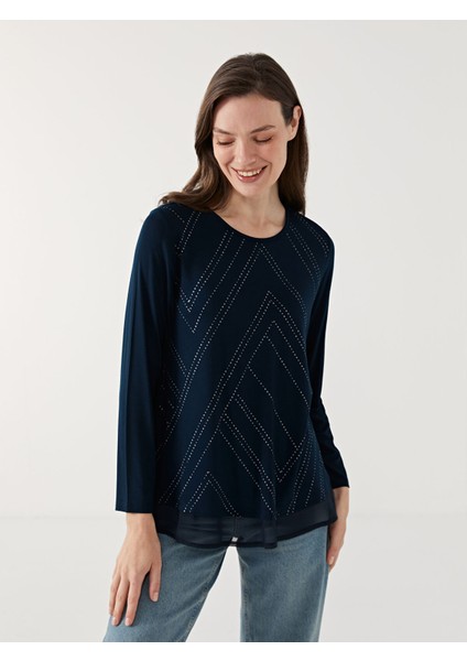 Yeni Sezon Bisiklet Yaka Taşlı Kadın Bluz