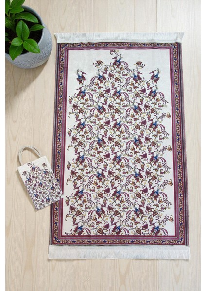 Ipeksi Dokulu Çantalı Kadife Seccade - Lale Desenli, Pratik, Taşınabilir - Bordo