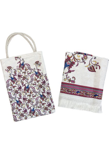 Ipeksi Dokulu Çantalı Kadife Seccade - Lale Desenli, Pratik, Taşınabilir - Bordo indirimleri