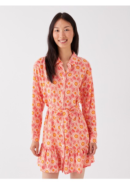 Yeni Sezon Desenli Uzun Kollu Kadın Gömlek Elbise