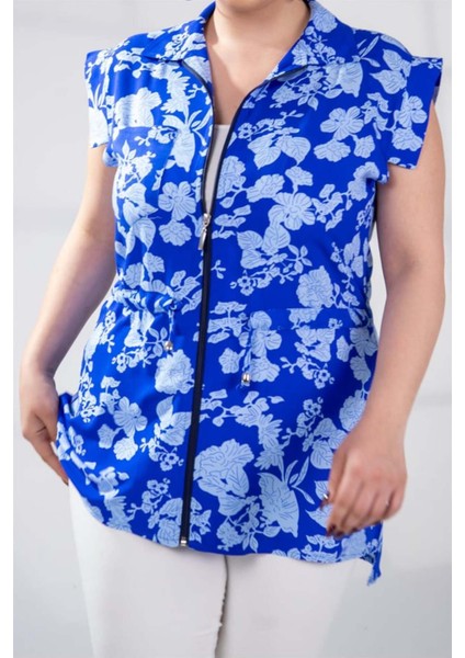 Kadın Büyük Beden Fermuarlı Çiçek Desenli Mavi Bluz