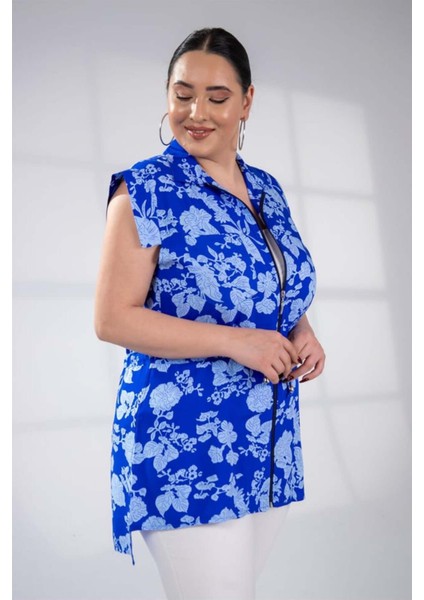 Kadın Büyük Beden Fermuarlı Çiçek Desenli Mavi Bluz fiyatları