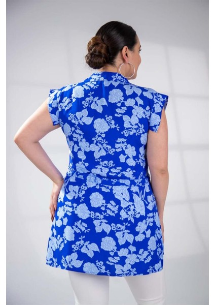 Kadın Büyük Beden Fermuarlı Çiçek Desenli Mavi Bluz modelleri