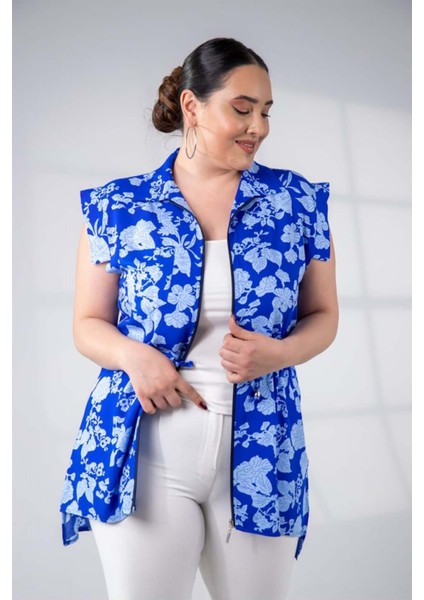 Kadın Büyük Beden Fermuarlı Çiçek Desenli Mavi Bluz fırsatları