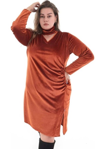 Kadın Büyük Beden Yaka Detaylı Kadife Turuncu Elbise fiyatları
