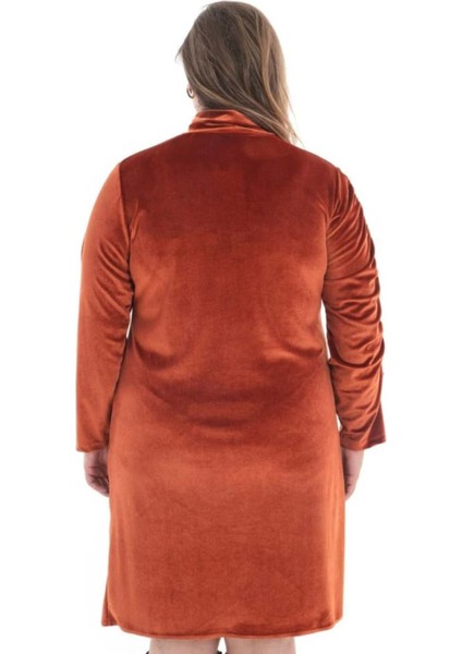 Kadın Büyük Beden Yaka Detaylı Kadife Turuncu Elbise modelleri