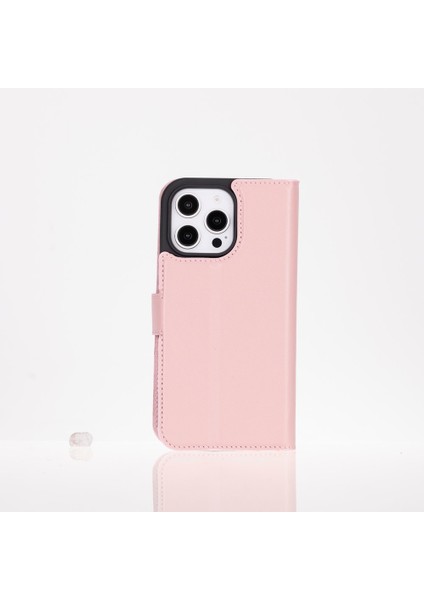 Apple iPhone 16 Pro Uyumlu, Hakiki Deri, El Yapımı, Cüzdanlı Kılıf, Toz Pembe indirimleri