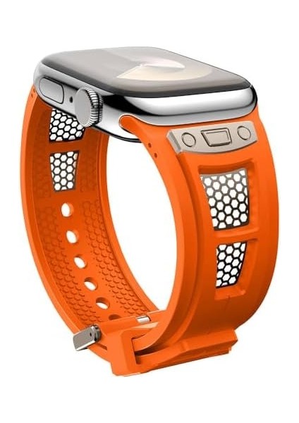 Ile Uyumlu 42MM KRD-117 Hava Alabilen Delikli Metal Süslemeli Desenli Silikon Kordon Titanyum-Turuncu fiyatları