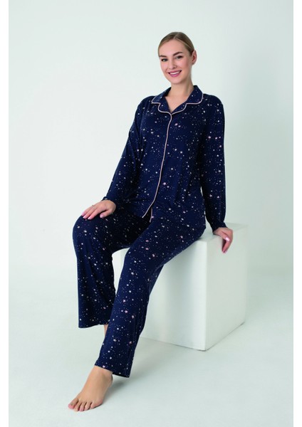 Kadın Viskon Önü Düğmeli Uzunkol Pijama Takım C840-901