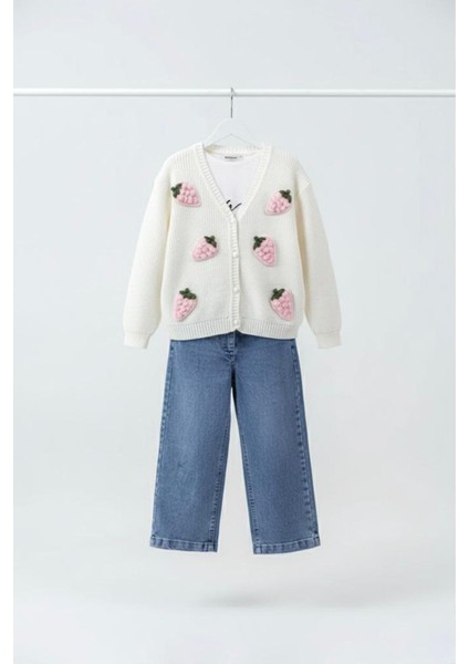 Çilek Triko Işleme Detaylı Hırkalı Kız Çocuk 3 lü takım - Pembe