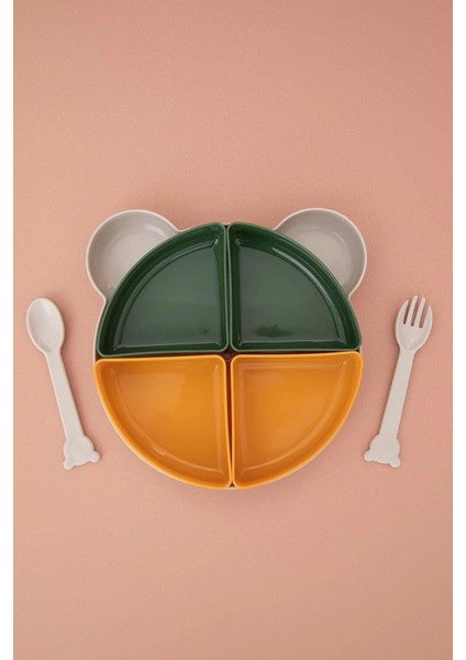 Tabldot Mama Tabağı Çıkarılabilir Kaseli -Tepsili 4 Bölmeli Çatal Kaşıklı Ayıcık Beslenme Kabı