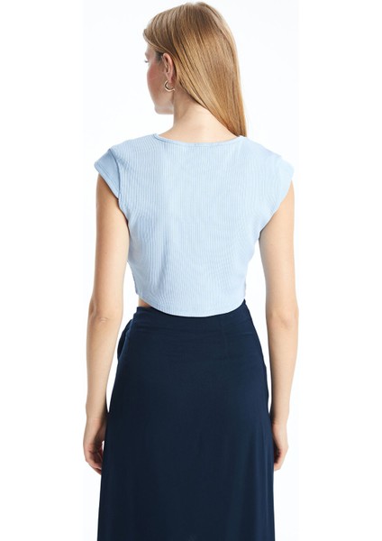 Yeni Sezon Bisiklet Yaka Dokulu Crop Kadın Tişört fırsatları