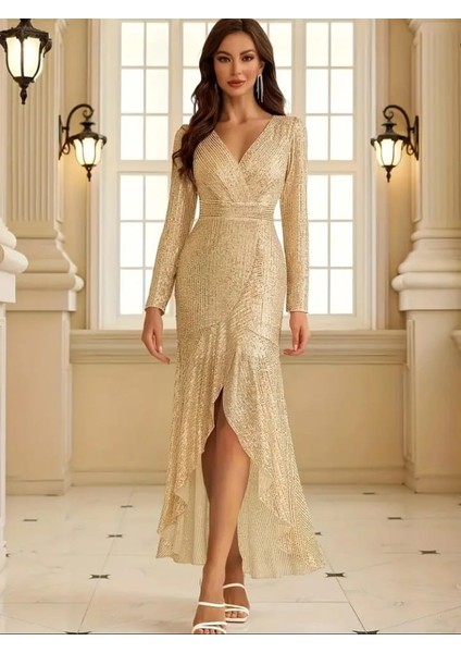 Uzun Koll Kruvaze Yaka Pulpayetli Abiye Elbisesi fiyatları