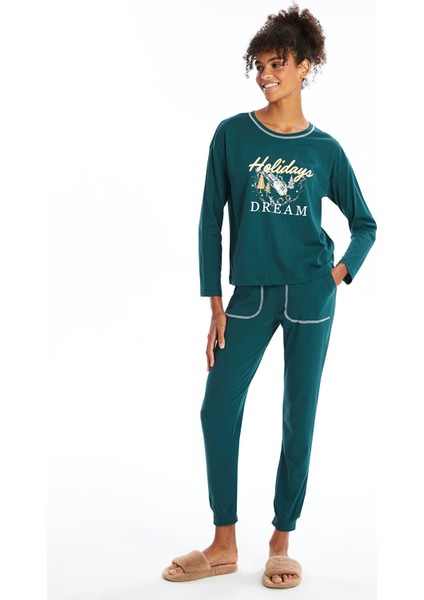 Yeni Sezon Bisiklet Yaka Baskılı Kadın Pijama Takımı