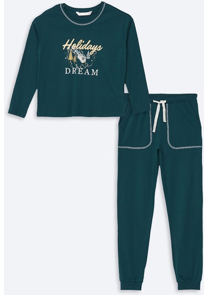 Yeni Sezon Bisiklet Yaka Baskılı Kadın Pijama Takımı indirimleri