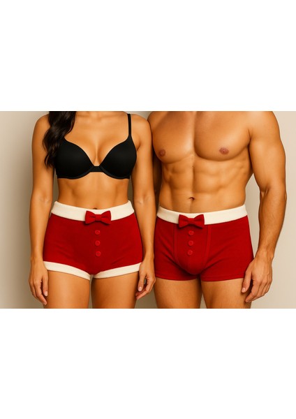 Erkek Düğme/fiyonk Detaylı Yılbaşı Kadife Boxer, Çiftler Için Hediyelik Boxer Kadın Model NSM04KBX01