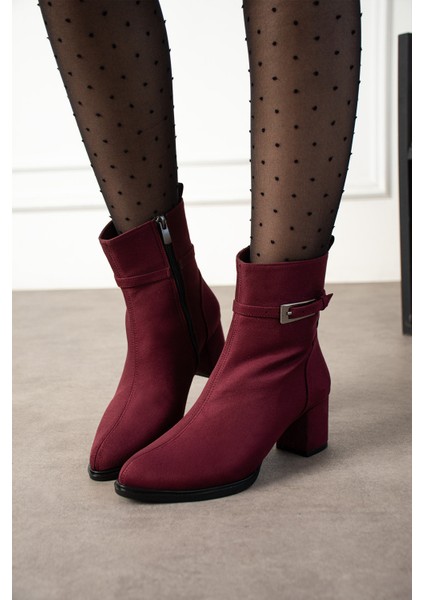 Kadın Bordo Süet Lucy Model Yandan Fermuarlı Sivri Burun Kısa Topuklu Bot