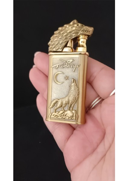 Gold Kaplama Kurt Figürlü Türkiye Temalı Jet Alevli Çakmak