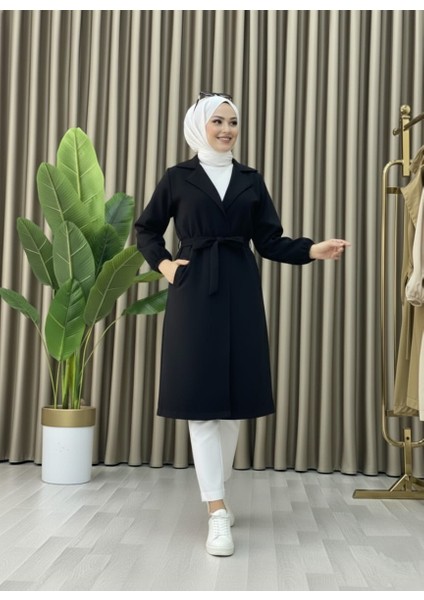 Bondit Kumaş Cepli Kuşaklı Kadın Trençkot modelleri