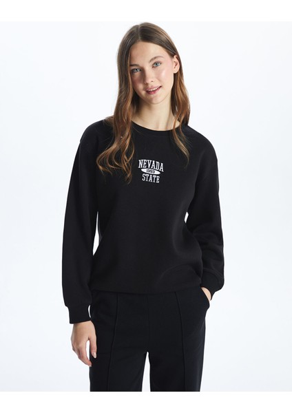 Yeni Sezon Bisiklet Yaka Nakışlı Kadın Kalın Sweatshirt