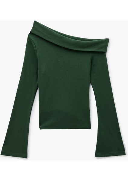 Pamuklu Slim Fit Uzun Ispanyol Kollu Omzu Açık Tişört