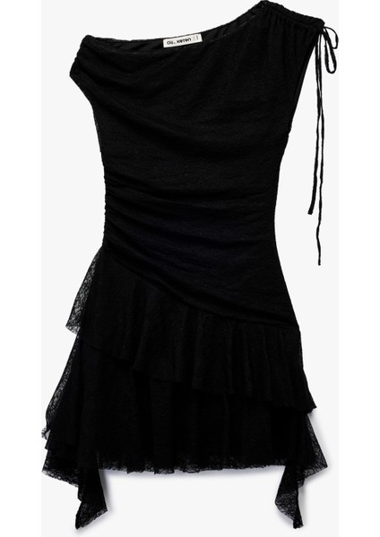 Asimetrik Yaka Kolsuz Büzgülü Slim Fit Mini Elbise