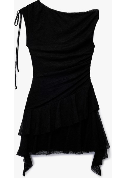 Asimetrik Yaka Kolsuz Büzgülü Slim Fit Mini Elbise fiyatları