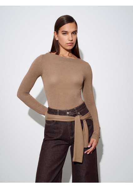 32325 Kayık Yaka Uzun Kollu Top-Vizon indirimleri