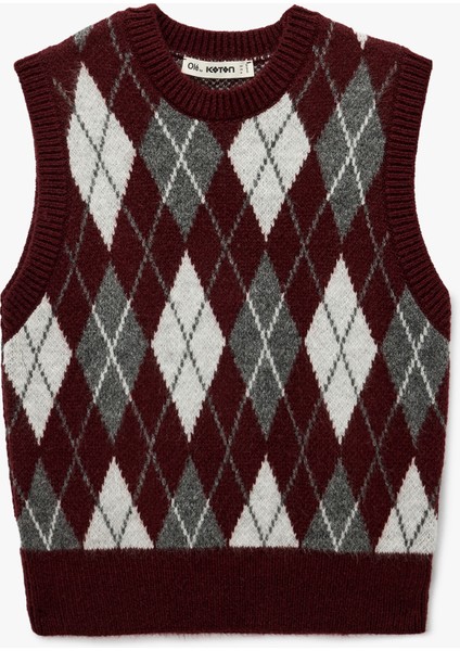 Bisiklet Yaka Kolsuz Triko Baklava Desenli Yelek