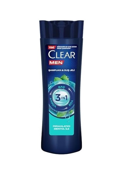 Clear Men 3 In 1 Şampuan & Duş Jeli Ferahlatıcı Mentol Etkisi Saç Yüz Vücut Için 350 ml