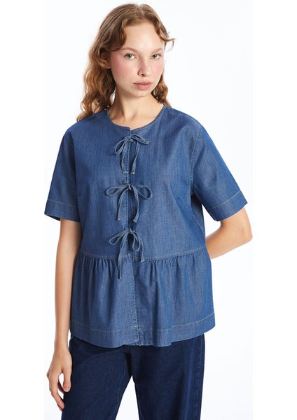 Yeni Sezon Bisiklet Yaka Kısa Kollu Kadın Jean Gömlek