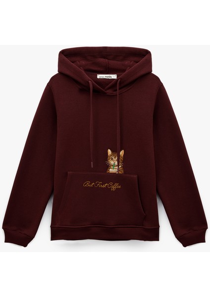 Şardonlu Kanguru Cepli Kapüşonlu Kedi Işlemeli Sweatshirt