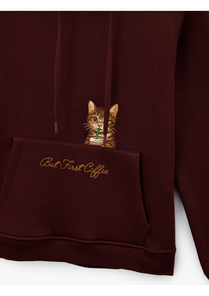 Şardonlu Kanguru Cepli Kapüşonlu Kedi Işlemeli Sweatshirt modelleri