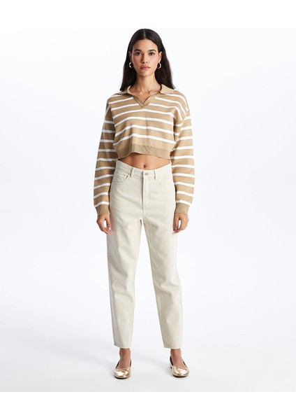 Yeni Sezon Polo Yaka Çizgili Uzun Kollu Crop Kadın Triko Kazak modelleri