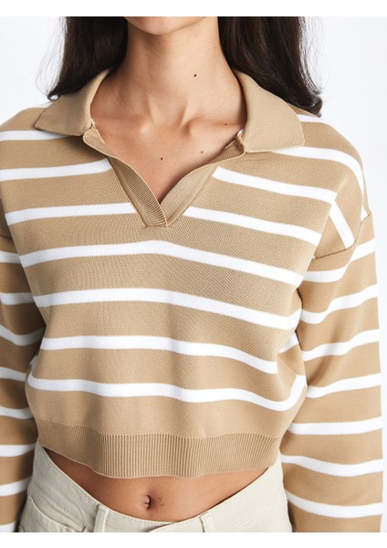 Yeni Sezon Polo Yaka Çizgili Uzun Kollu Crop Kadın Triko Kazak fırsatları